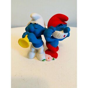 Vintage 1982 Ceramic Porcelain Smurfs Figurine, Papa Smurf and Harmony Smurf
